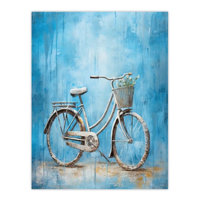 Artery8 Simple Elegant Single Bicycle On Blue Modern Contemporary Detailed Flower Basket Artwork Large Wall Unframed Art Poster Print Thick Paper - image 1