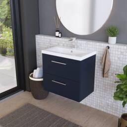 Balterley Contemporary Bathroom Wall Hung 2 Soft-Close Drawer Vanity Unit & Mid-Edge Ceramic Basin, Midnight Blue, 600 mm in Blue - thumbnail 4