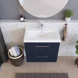 Balterley Contemporary Bathroom Wall Hung 2 Soft-Close Drawer Vanity Unit & Mid-Edge Ceramic Basin, Midnight Blue, 600 mm in Blue - thumbnail 3