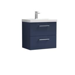Balterley Contemporary Bathroom Wall Hung 2 Soft-Close Drawer Vanity Unit & Mid-Edge Ceramic Basin, Midnight Blue, 600 mm in Blue