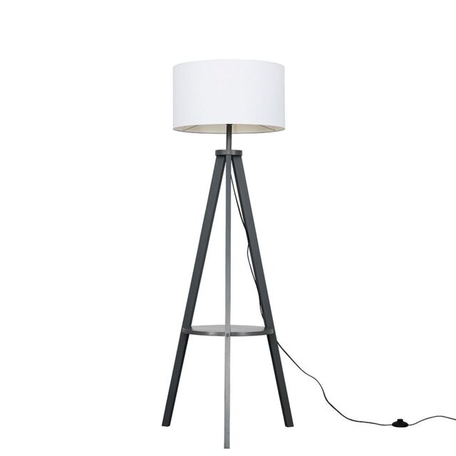 ValueLights Morrigan Grey Wood Tripod Floor Lamp with Fabric Drum Shade & Bulb in White - image 1