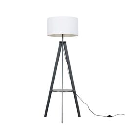 ValueLights Morrigan Grey Wood Tripod Floor Lamp with Fabric Drum Shade & Bulb in White - thumbnail 1