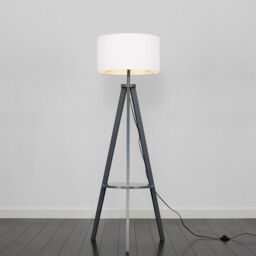 ValueLights Morrigan Grey Wood Tripod Floor Lamp with Fabric Drum Shade & Bulb in White - thumbnail 3
