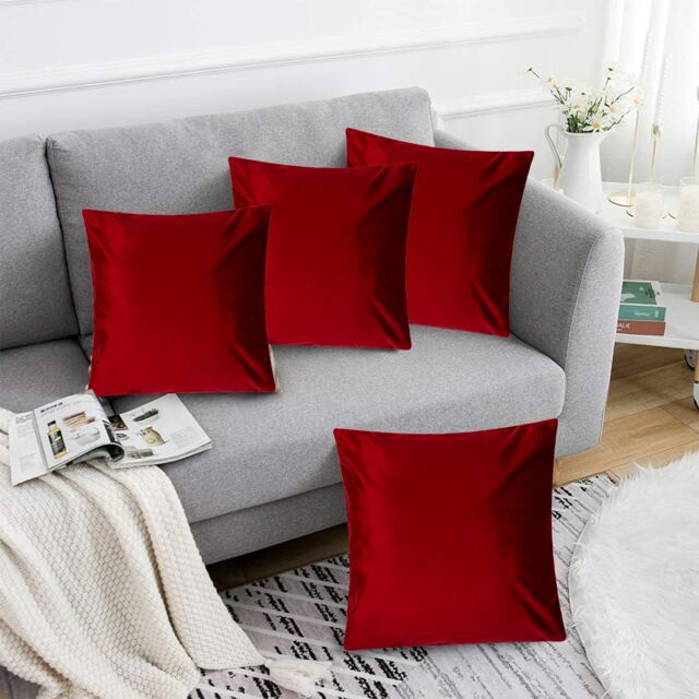 Luxury Living Luxurious Velvet Cushions Set of 4 - Soft Plush Fibre Pads, Vibrant Colours for Sofa & Bed Décor in Red - Size: 45 cm x 45 cm - image 1