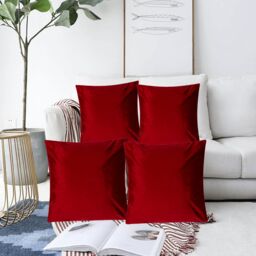 Luxury Living Luxurious Velvet Cushions Set of 4 - Soft Plush Fibre Pads, Vibrant Colours for Sofa & Bed Décor in Red - Size: 45 cm x 45 cm - thumbnail 6