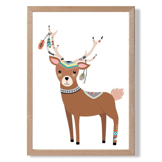ARTZE Deer Tribal Animal Framed Print SIZE: A2 with Oak Frame in Brown - Size: A4 - image 1
