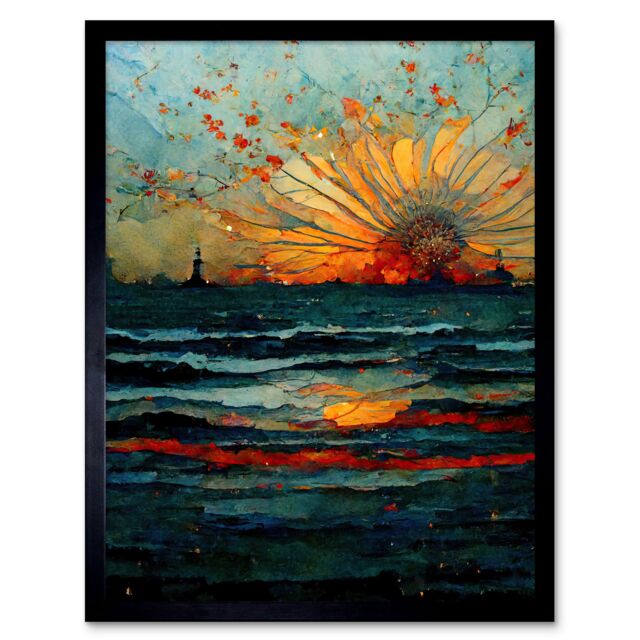 "Artery8 Wall Art Print Seascape Sunset Port City Waves Horizon Art Framed in Black - Size: W12"" x H16""" - image 1