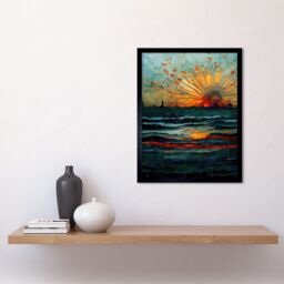 "Artery8 Wall Art Print Seascape Sunset Port City Waves Horizon Art Framed in Black - Size: W12"" x H16""" - thumbnail 2