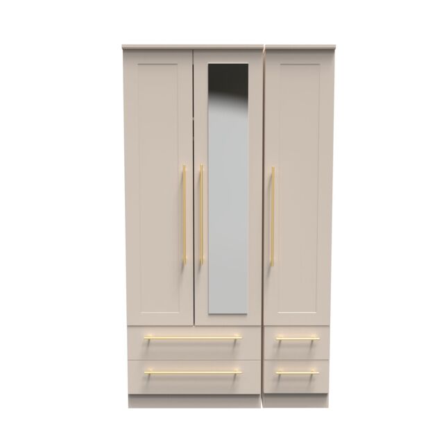 Ready Assembled 2 U Helmsley Tall Triple 2 Drawer Mirror + Drawer Wardrobe (Ready Assembled) in Taupe - image 1