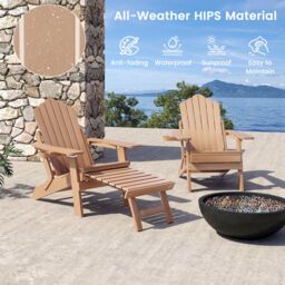Costway HIPS Garden Lounge Chair Adirondack Chair w/Retractable Footrest in Brown - thumbnail 6
