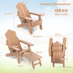 Costway HIPS Garden Lounge Chair Adirondack Chair w/Retractable Footrest in Brown - thumbnail 2