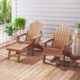 Costway HIPS Garden Lounge Chair Adirondack Chair w/Retractable Footrest in Brown - thumbnail 4