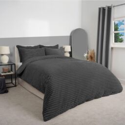 OHS Ribbed Duvet Cover Faux Fur Winter Warm Bedding Set in Charcoal - Size: Super King - thumbnail 2