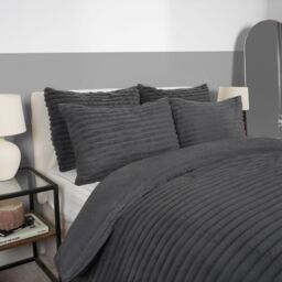 OHS Ribbed Duvet Cover Faux Fur Winter Warm Bedding Set in Charcoal - Size: Super King - thumbnail 3