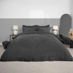 OHS Ribbed Duvet Cover Faux Fur Winter Warm Bedding Set in Charcoal - Size: Super King