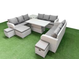 Fimous PE Rattan Lounge Sofa Set 12 Seater Outdoor Garden Furniture Set w/ Adjustable Lifting Dining or Coffee Table 3 Seater Sofa 3 Stools Side - thumbnail 2
