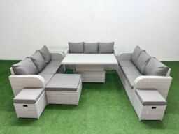 Fimous PE Rattan Lounge Sofa Set 12 Seater Outdoor Garden Furniture Set w/ Adjustable Lifting Dining or Coffee Table 3 Seater Sofa 3 Stools Side - thumbnail 1