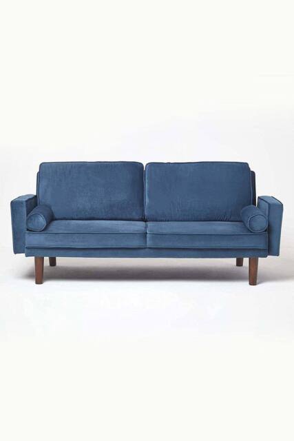 Homescapes Stanley Velvet Click Clack Sofa Bed with Armrests in Navy - image 1