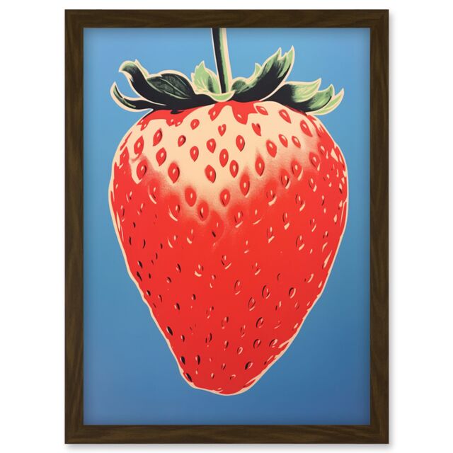 Artery8 Wall Art Print A Single Strawberry Block Colour Artwork Red on Blue Bold Bright Minimalist Kitchen Decor Artwork Framed A4 in Brown - image 1