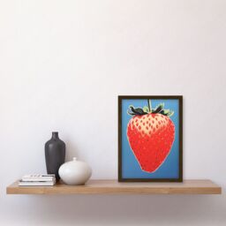 Artery8 Wall Art Print A Single Strawberry Block Colour Artwork Red on Blue Bold Bright Minimalist Kitchen Decor Artwork Framed A4 in Brown - thumbnail 2