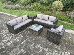Fimous Rattan Garden Furniture Sofa Set with Armchair Square Coffee Table Indoor Outdoor 7 Seater Rattan Set Dark Grey Mixed - thumbnail 2