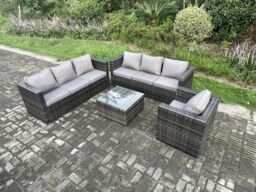 Fimous Rattan Garden Furniture Sofa Set with Armchair Square Coffee Table Indoor Outdoor 7 Seater Rattan Set Dark Grey Mixed - thumbnail 1