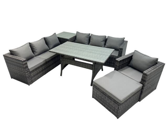 Fimous 8 Seater Garden Rattan Furniture Set with Side Table Big Stool in Dark Grey - image 1