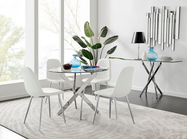 FurnitureboxUK Novara Clear Tempered Glass 100cm Round Dining Table with Chrome Starburst Legs & 4 Corona Faux Leather Silver Leg Chairs in White - image 1
