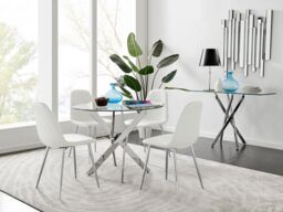 FurnitureboxUK Novara Clear Tempered Glass 100cm Round Dining Table with Chrome Starburst Legs & 4 Corona Faux Leather Silver Leg Chairs in White