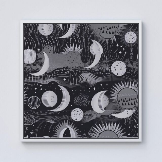 Warren Reed - Designer Abstract Black White Moon & Sun Framed Canvas in Off-White - Size: w10 inch x h10 inch - image 1