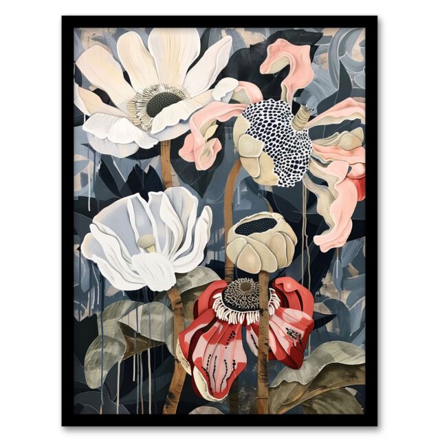 "Artery8 Anemone Flowers After Storm Floral Painting Framed Art Print in Dark Blue - Size: W12"" x H16""" - image 1