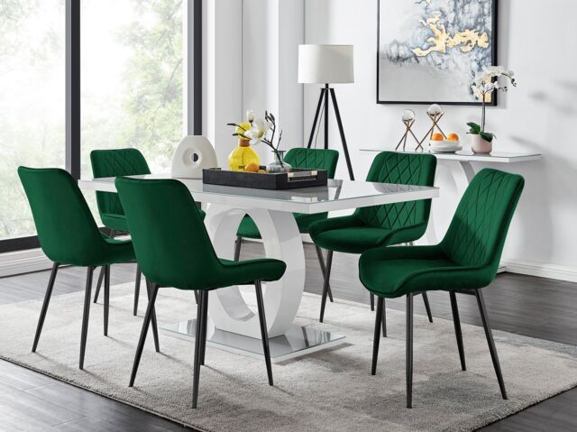 FurnitureboxUK Giovani 6-Seater Grey Glass Dining Table & 6 Pesaro Soft Velvet Dining Chairs in Green - image 1