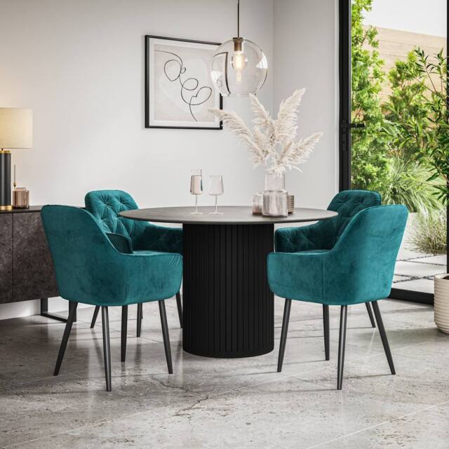 More4Homes Arlo Concrete Table Top W Black Legs + Anika Velvet Dining Chair Set Of 4 in Blue - image 1