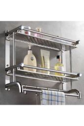 Living and Home 2 Tiers Bathroom Towel Rack Stainless Steel Wall Mounted Storage Shelf in Silver - thumbnail 6