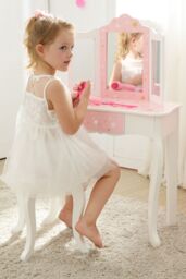 Teamson Kids Kids Wooden Play Vanity Table Set, Twinkle Stars, Pink/White in Pink - thumbnail 1