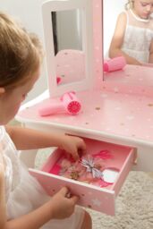 Teamson Kids Kids Wooden Play Vanity Table Set, Twinkle Stars, Pink/White in Pink - thumbnail 5