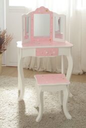 Teamson Kids Kids Wooden Play Vanity Table Set, Twinkle Stars, Pink/White in Pink - thumbnail 3