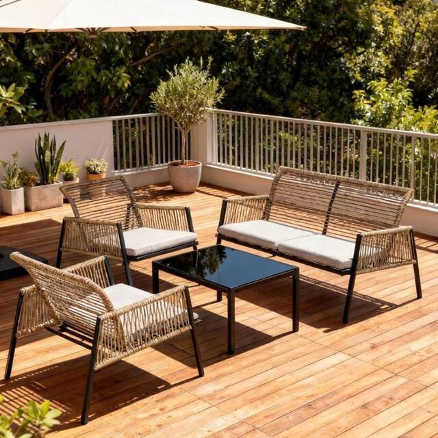 FURNITURE ONE 4 Seater Rattan Garden Furniture Set with Glass Coffee Table - Grey Cushion in Natural - Size: 1 Pack - image 1