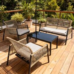 FURNITURE ONE 4 Seater Rattan Garden Furniture Set with Glass Coffee Table - Grey Cushion in Natural - Size: 1 Pack - thumbnail 2