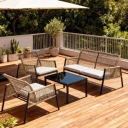 FURNITURE ONE 4 Seater Rattan Garden Furniture Set with Glass Coffee Table - Grey Cushion in Natural - Size: 1 Pack - thumbnail 1