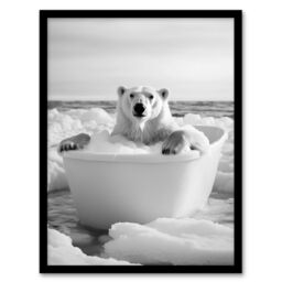 Artery8 Polar Bear In Bathtub Black White Arctic Seascape Framed Art Print in Grey - Size: A4 - thumbnail 1