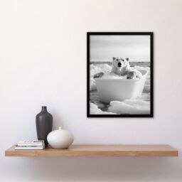 Artery8 Polar Bear In Bathtub Black White Arctic Seascape Framed Art Print in Grey - Size: A4 - thumbnail 4