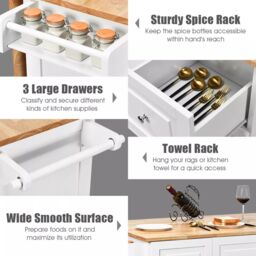 Costway Kitchen Storage Trolley Cart Rolling Island Shelves Cupboard 3 Drawers Cabinet - thumbnail 4