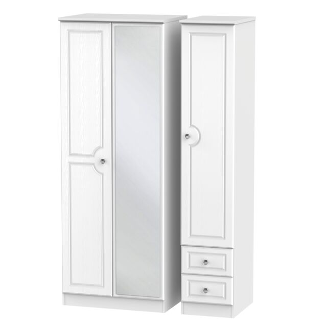 Ready Assembled 2 U Hilton Tall Triple Mirror + Drawer Wardrobe (Ready Assembled) in White