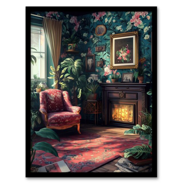 "Artery8 Plant Lover Cozy Fireplace Floral Tapestry Framed Art Print - Size: W12"" x H16""" - image 1