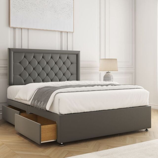 "BSSPOKE Nova Divan Bed Set Plush 24"" Headboard & 2Drawers Same Side &Mattress in Grey - Size: Small Double" - image 1
