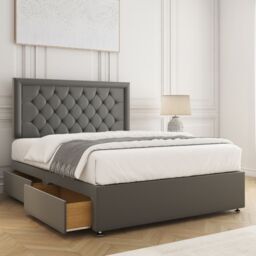 "BSSPOKE Nova Divan Bed Set Plush 24"" Headboard & 2Drawers Same Side &Mattress in Grey - Size: Small Double" - thumbnail 1