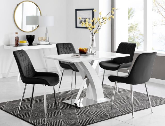 FurnitureboxUK Atlanta White High Gloss & Chrome 4 Seater Dining Table with X Shaped Legs & 4 Soft Velvet Pesaro Chairs in Black - image 1