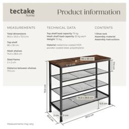 tectake Shoe Rack Newport - Surface Shelf & 3 Grid Shelves, Industrial Style in Dark Brown - thumbnail 6