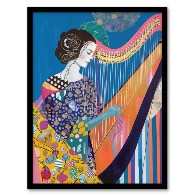 "Artery8 Harpist Playing Harp Music Colourful Batik Style Framed Art Print in Blue - Size: W12"" x H16""" - image 1